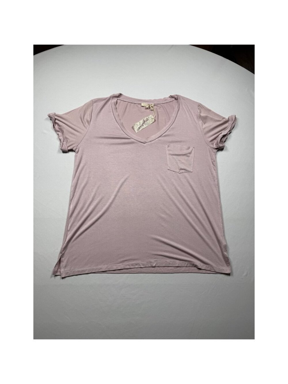 Mystree Dusty Mauve/Rose V Neck Pocket Tee Short Sleeve Relaxed Top L NWT - Picture 2 of 8